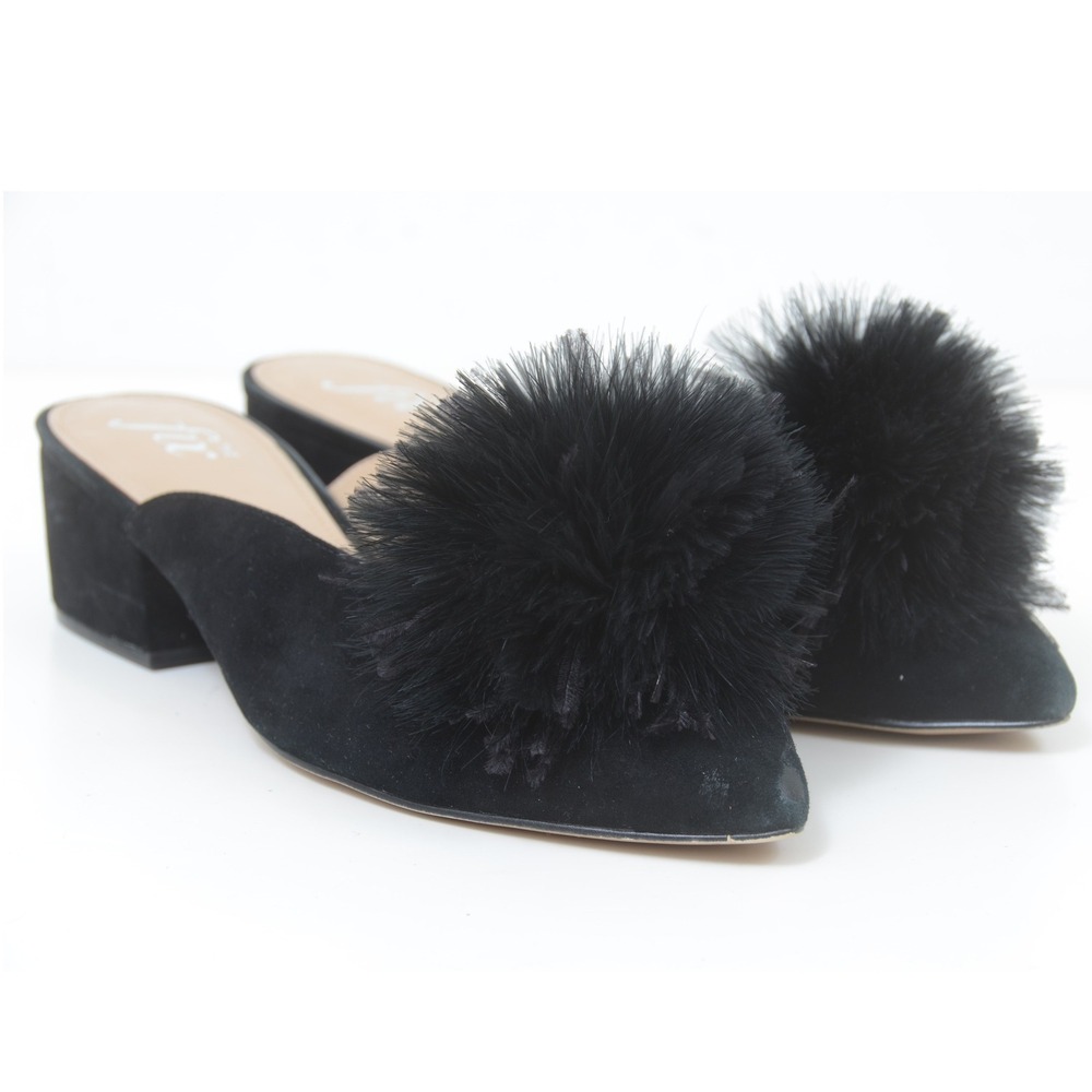 The Fix Black Suede Pom Pom Block Heel Mules Pointed Toe Slides Women's Size 8.5